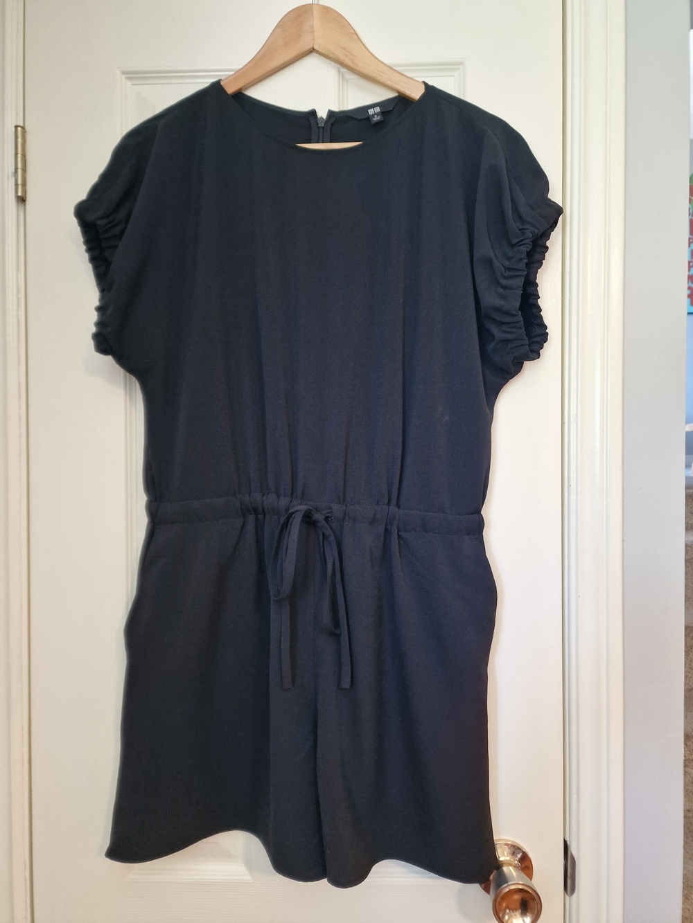 Uniqlo Black Short-Sleeve Drawstring Romper, Size Medium